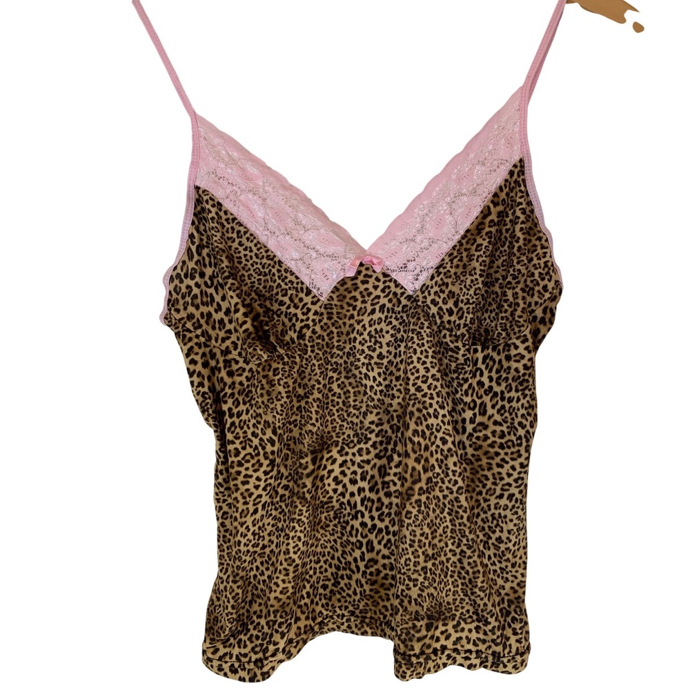 VTG Y2k babydoll slip cami Leopard Print S Pink Lace Coquette Mob Wife Women Top